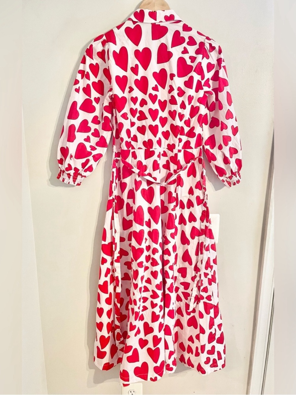 Boden Clara Red Heart-Print Button-Front Maxi Dress Tie Waist Sz US 4R UK 8R- EU - Picture 3 of 14